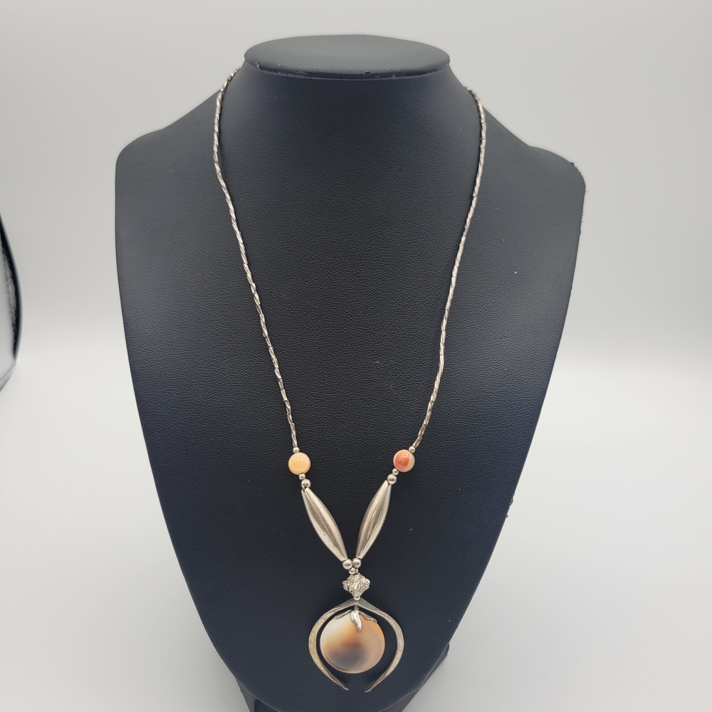 Vintage Silver tone Shell Faux Pearl Dangle Necklace